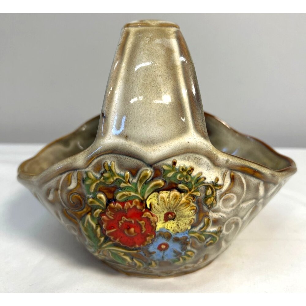 Ceramic Basket With Floral Design & Handle - Handcrafted Home Decor